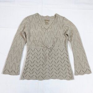 Art And Soul Womens Sz S Crochet V Neck Pullover Cardigan Tie Y2K Boho USA Wheat